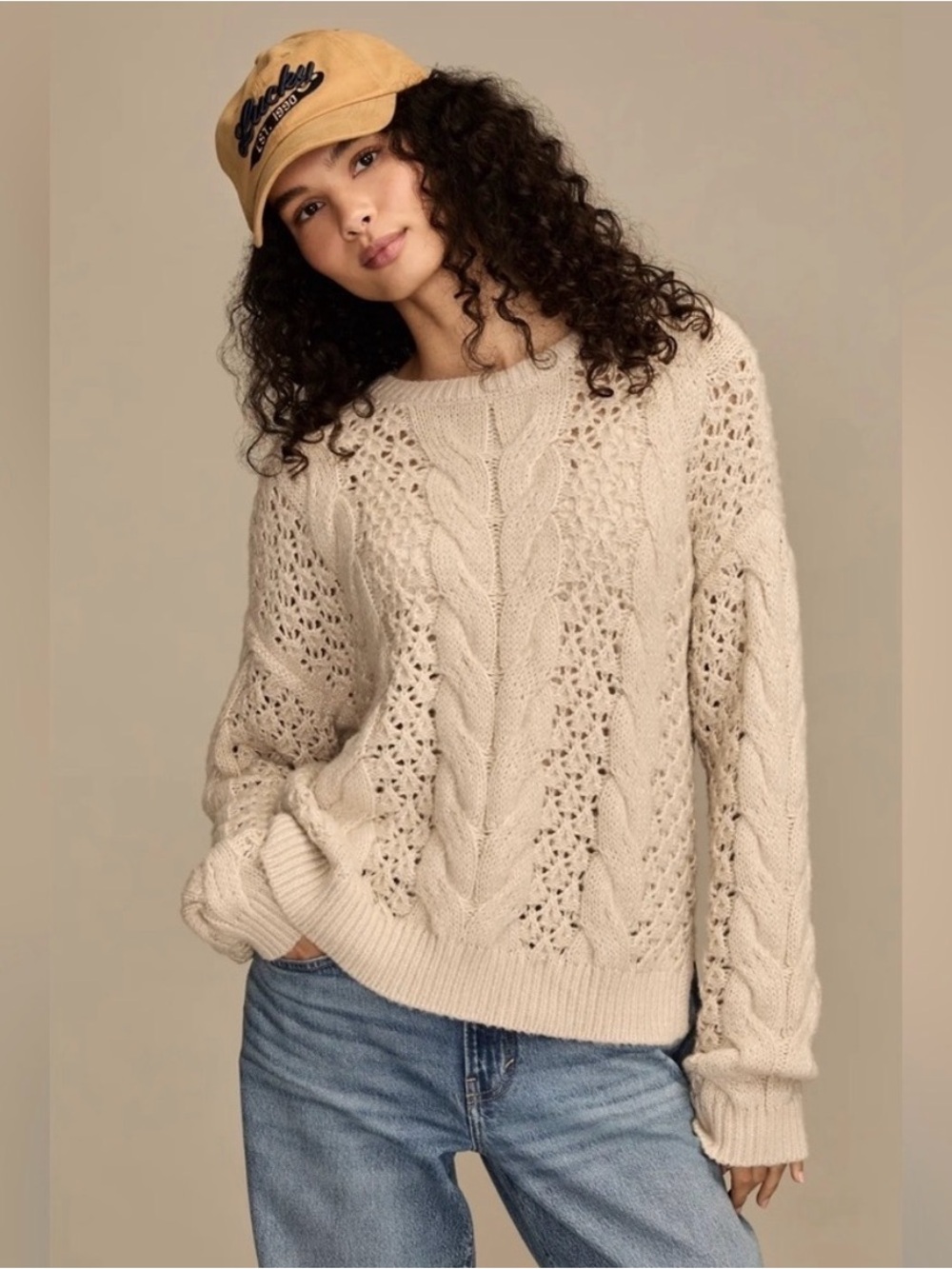 NWT Lucky Brand Pointelle Cable Crewneck Sweater Tan Cream XL neutral cozy